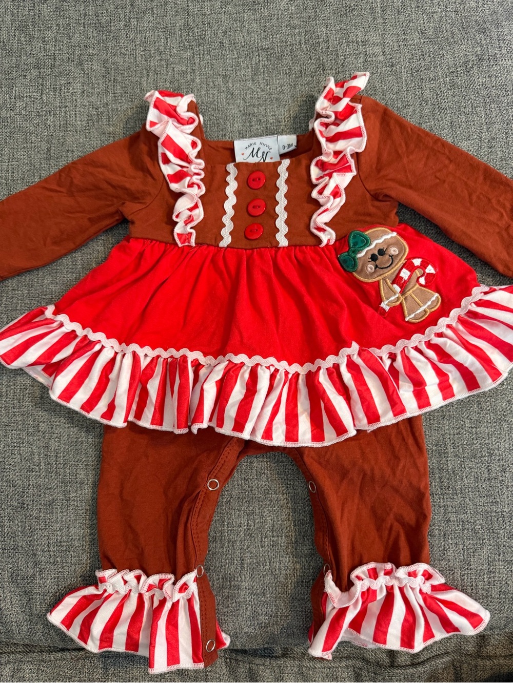 Marie Nicole Toddler Gingerbread Stripe Red & Brown Ruffle Romper VGUC Size 0-3m